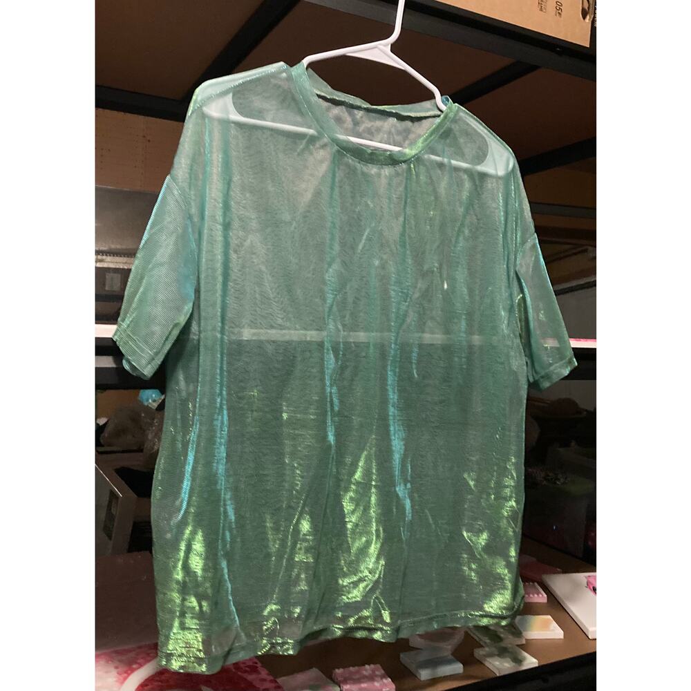 1XL Shein curve sheer mesh shiny green blue metallic rave top short sleeve shirt